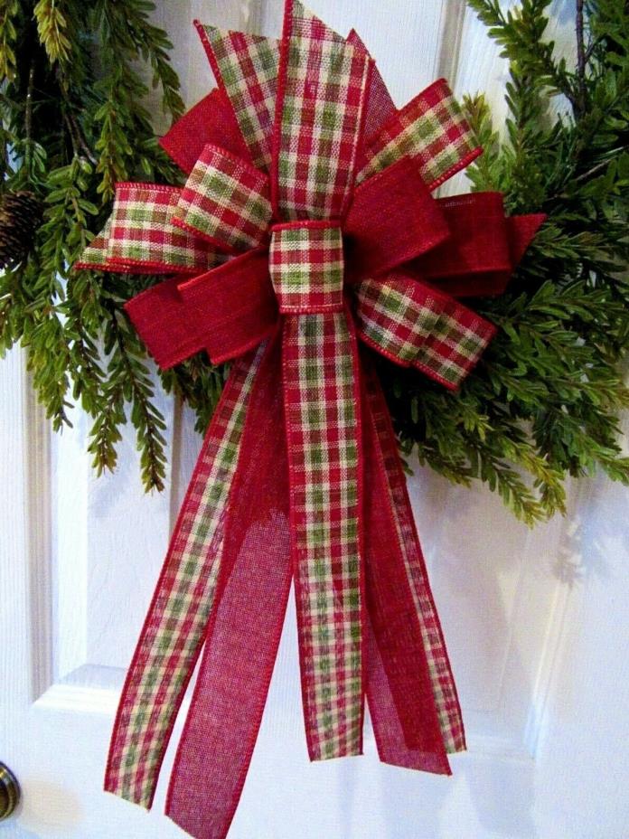 WREATH BOW RED PLAID WIRED EDGE RIBBON HANDMADE FABRIC BOW 1 1/2 INCH RIBBON