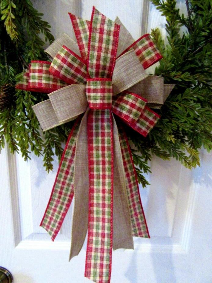 FABRIC WREATH BOW RED PLAID & TAN BOW 1 1/2 INCH WIRED RIBBON 8