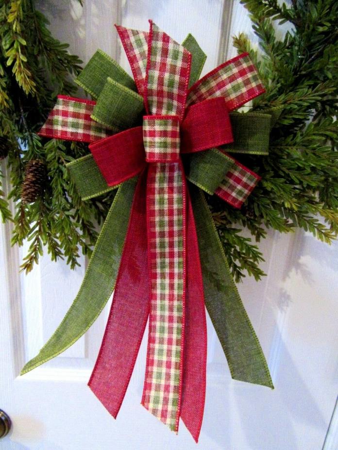 WREATH BOW PLAID & GREEN & RED 1 1/2 INCH WIRED RIBBON HANDMADE FABRIC BOW
