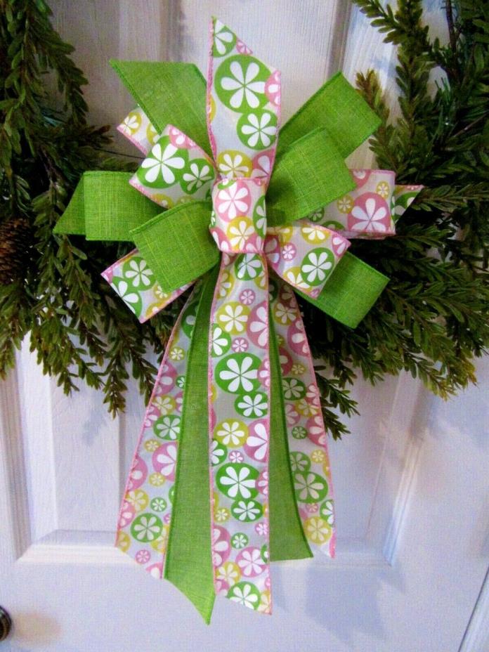 SUMMER WREATH BOW PINK & GREEN RIBBON HANDMADE PARTY BOW EASTER WREATH BOW