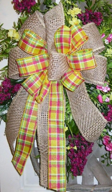 HANDMADE BASKET WEAVE BURLAP YELLOW/PINK PLAID WIRED BOW for WREATH ~BASKETS #28