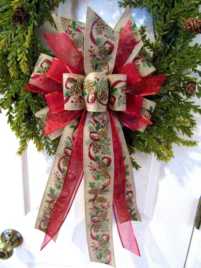 CHRISTMAS SPIRIT BOW~WREATH BOW~DOOR WREATH BOW~WIRE EDGE RIBBON~WREATH DOOR BOW