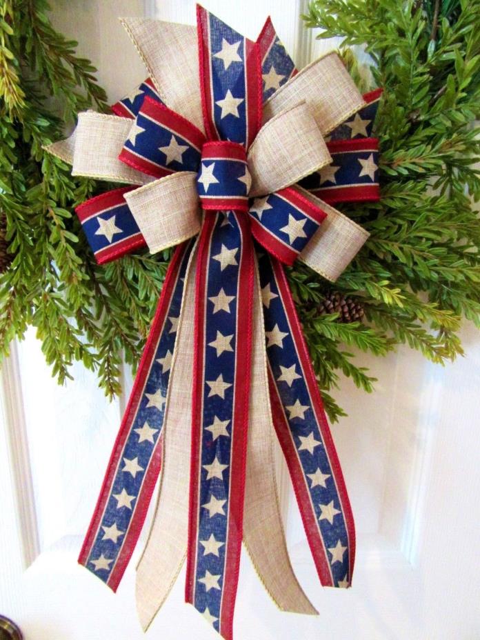 JULY 4TH BOW RED BLUE TAN BOW PATRIOTIC BOW WREATH BOW