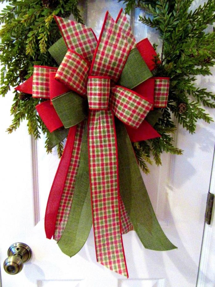 CHRISTMAS WREATH BOW~RED & TAN PLAID~WIRED EDGE RIBBON~WREATH DOOR BOW~CRAFTS