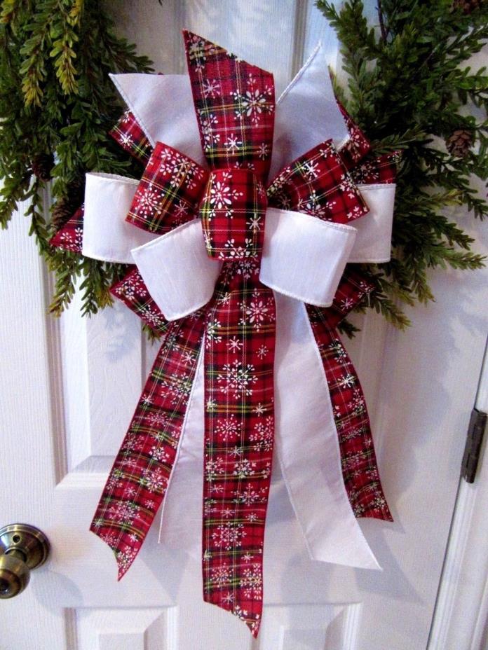 CHRISTMAS BOW~RED PLAID & SNOWFLAKES~WIRED RIBBON~HANDMADE BOW FOR WREATH