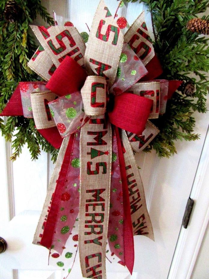 HOLIDAY BOW~MERRY CHRISTMAS~BURGUNDY~POLKA DOT~WIRED RIBBON~11