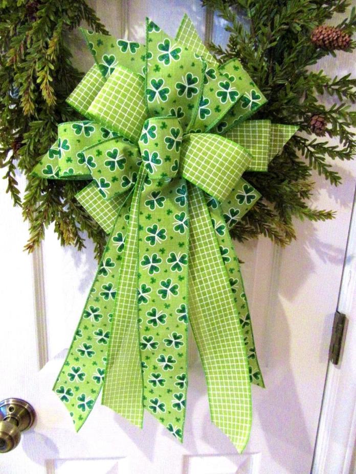 ST PATRICKS DAY BOW SHAMROCK RIBBON WREATH BOW LUCKY IRISH SHAMROCK WIRED RIBBON