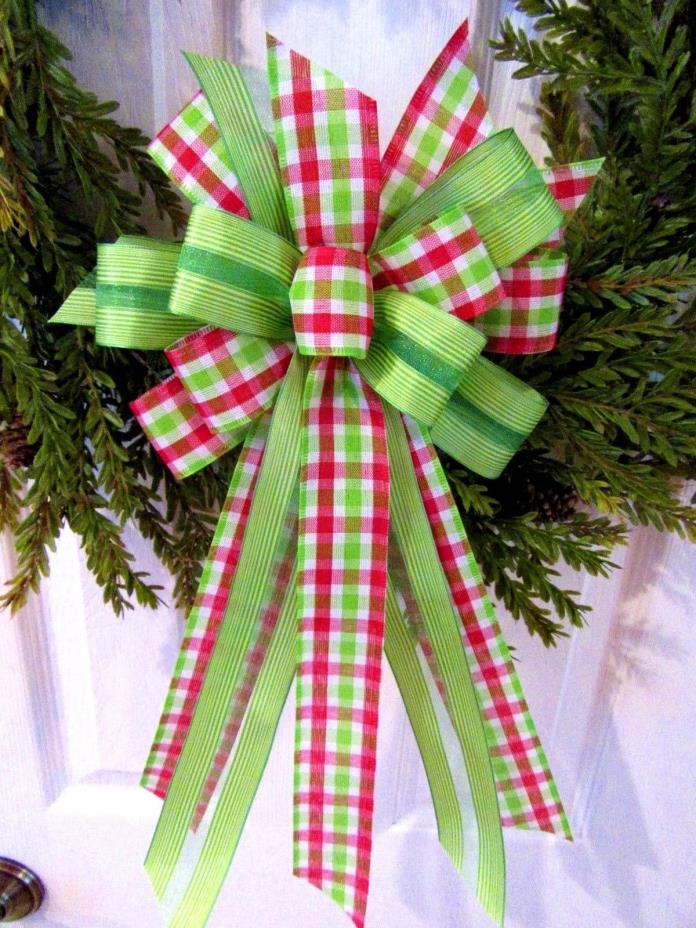 SPRING BOW RED WHITE GREEN RIBBON HANDMADE WREATH BOW PARTY BOW WIRED RIBBON