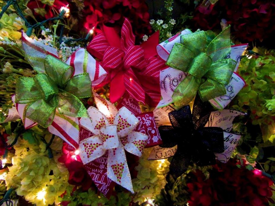HOLIDAY GIFT BOWS~ASSORTED COLORS~WIRED EDGE RIBBON~5 CHRISTMAS PACKAGE BOWS