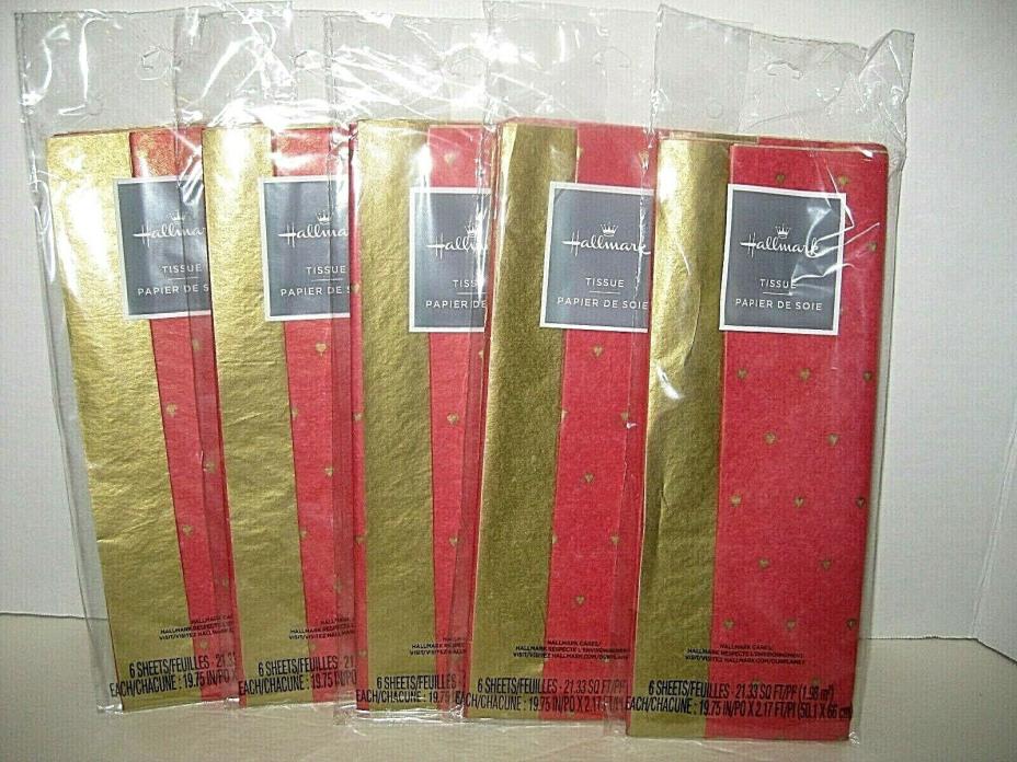 5 Pkgs Tissue Paper GOLD & RED with GOLD HEARTS 30 Sheets total Free Ship