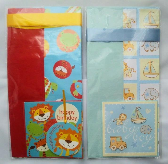 Lot of 2 Gift Wrapping & Tissue Paper Satin Ribbon Baby Boy Card Birthday Tag