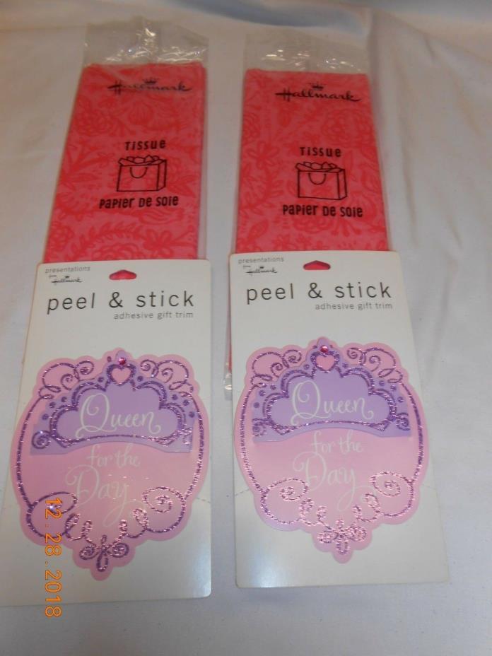 New Hallmark lot 2 tissue wrap & 2 peel & stick Queen for the Day gift trim