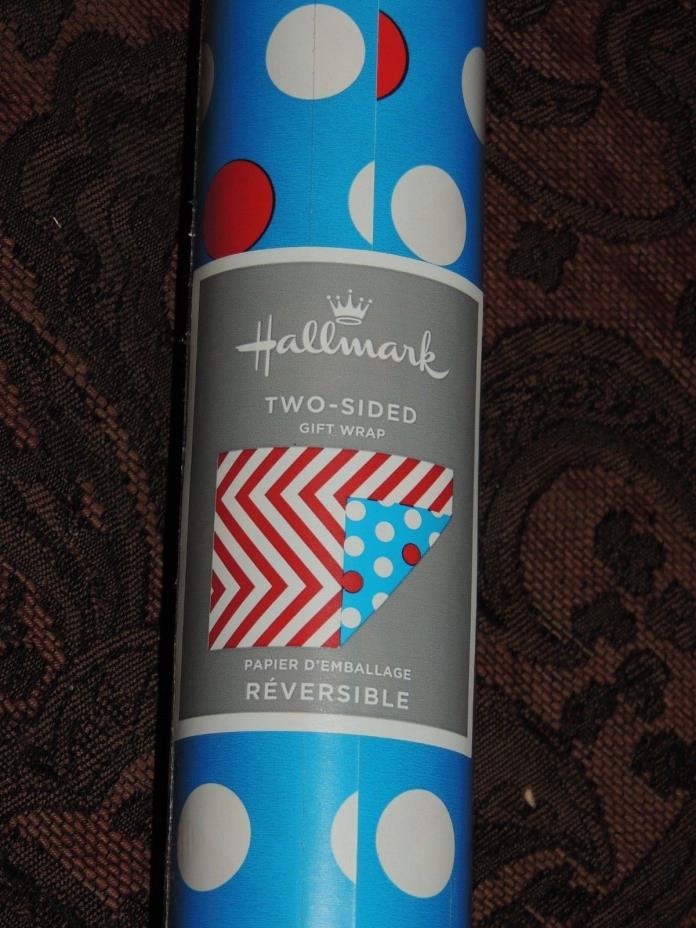 WRAPPING PAPER RED WHITE BLUE REVERSIBLE  HALLMARK 80 SQ FT POLKA-DOTS STRIPE'S