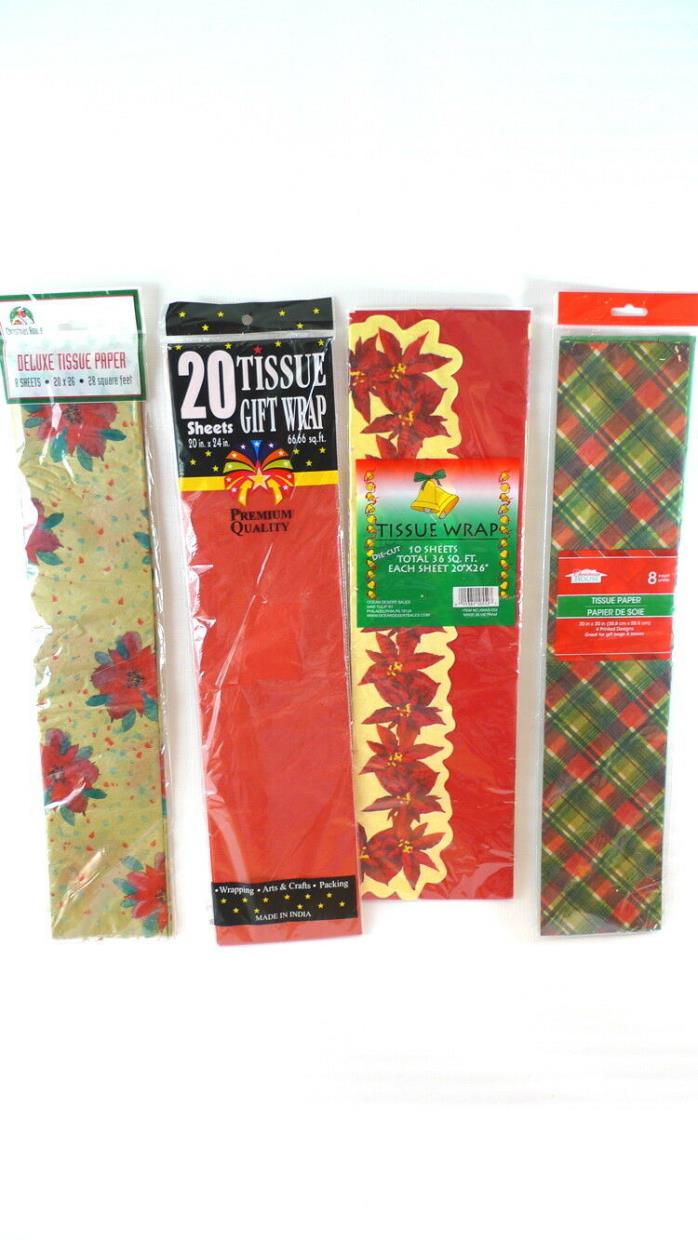 46 Sheets Assorted CHRISTMAS TISSUE PAPER Plaid Die Cut Poinsettia Gift Wrapping