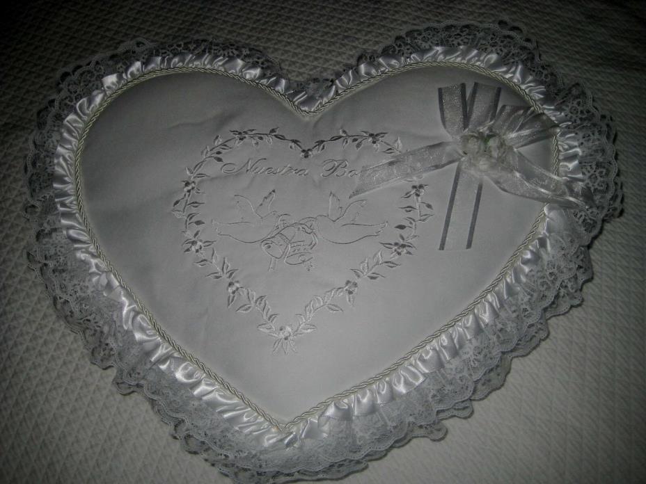 LARGE WHITE HEART PILLOW Our Wedding EMBELLISHED Nuestra Boda