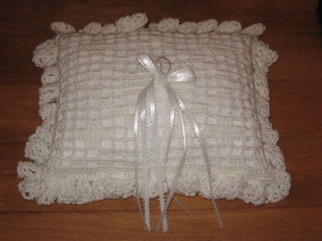 RING BEARER PILLOW – WHITE SATIN COVERED W/ CROCHETED LACE
