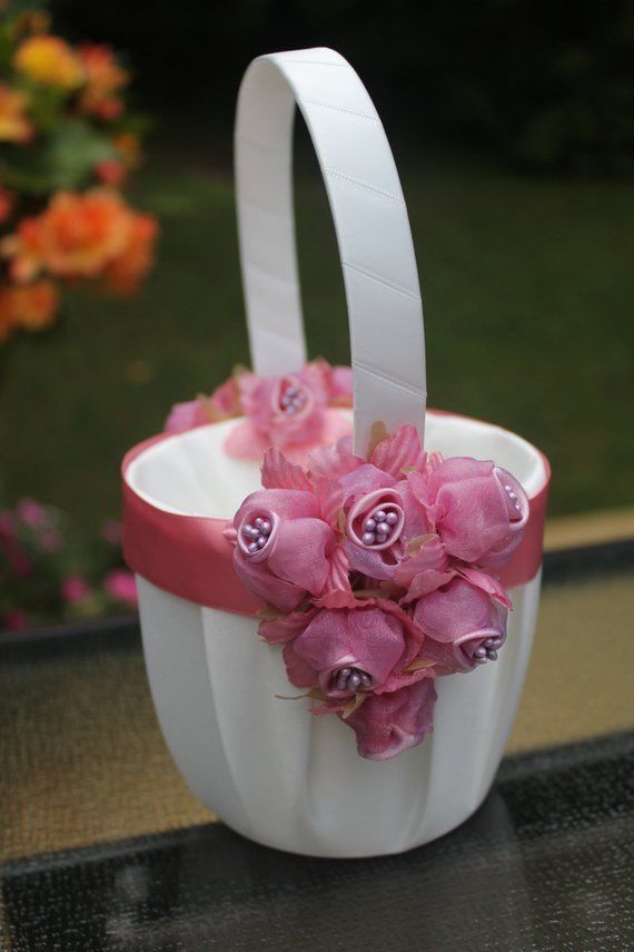 White or Ivory Satin Flower Girl Basket-Dusty Rose Ribbons and Flowers-Age to 5