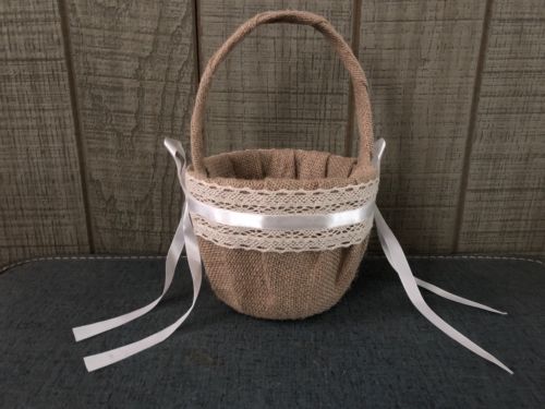 Vintage Rustic Wedding Ceremony Hessian Burlap And Lace Flower Girl Basket