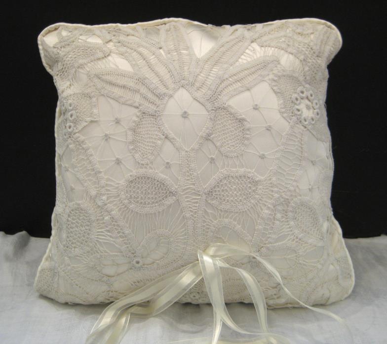 handmade vintage battenburg lace ring-bearers pillow with tie - 13