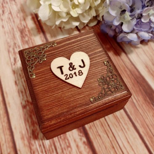 Personalized Wedding Ring Box Rustic bearer box Initials & Date Pillow ring box