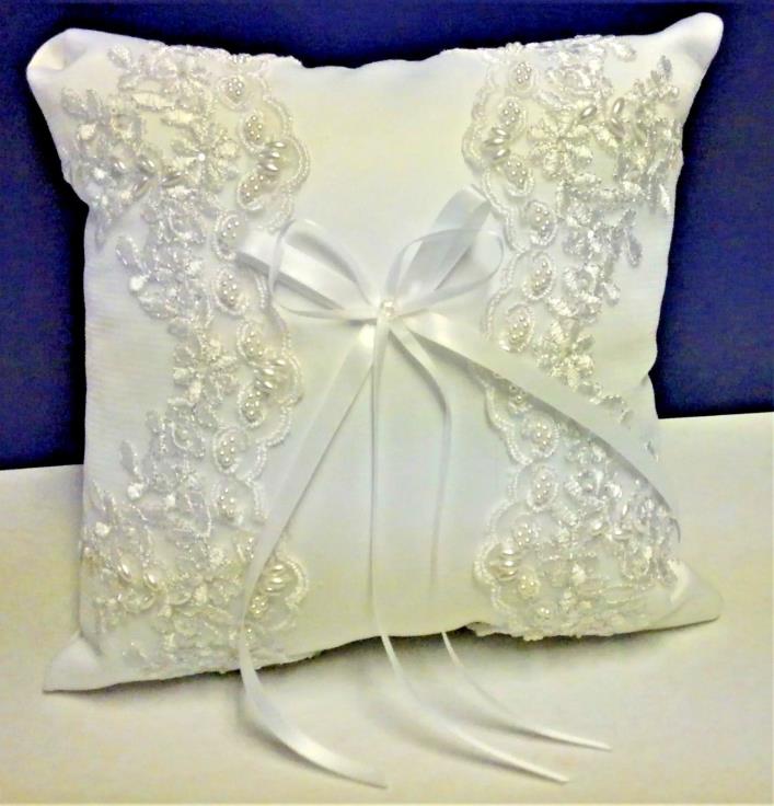 His & Hers Wedding Ring Bearer Pillow/White Satin/Original Box