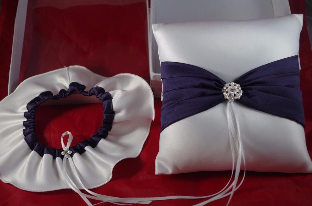 Davids Bridal Collection Wedding Ceremony Ring Pillow and Garter White and Navy