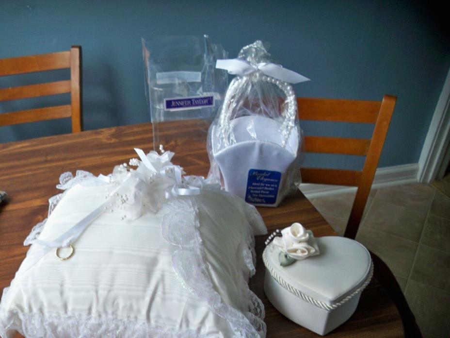 LACE WEDDING RING PILLOW,PEARL HANDLE FLOWER GIRL BASKET,AND BRIDAL CHEST BOX
