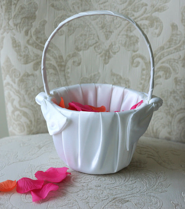 Romantic White Satin Flower Girl Basket, Faux Petals, Wedding Ceremony Party