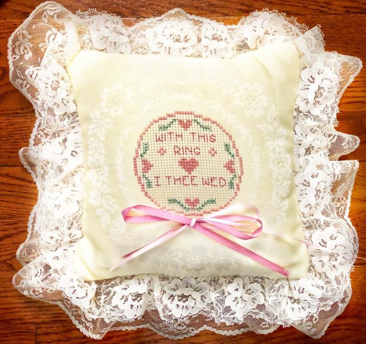 CROSS STITCH Satin Lace WEDDING PILLOW - WITH THIS RING I THEE WED -Ring Bearer