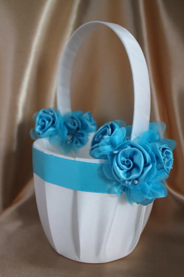 White or Ivory Satin Flower Girl Basket-Turquoise Ribbons and Flowers-Age to 5