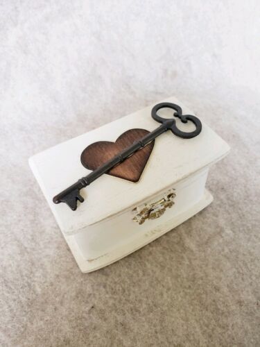 Distressed Ivory Rustic Vintage Wedding Ring Bearer Box Skeleton Key Wood Heart