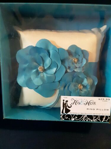 His & Hers Studio RING Pillow With Satin Floral Bow-Rhinestone AQUA Blue-White