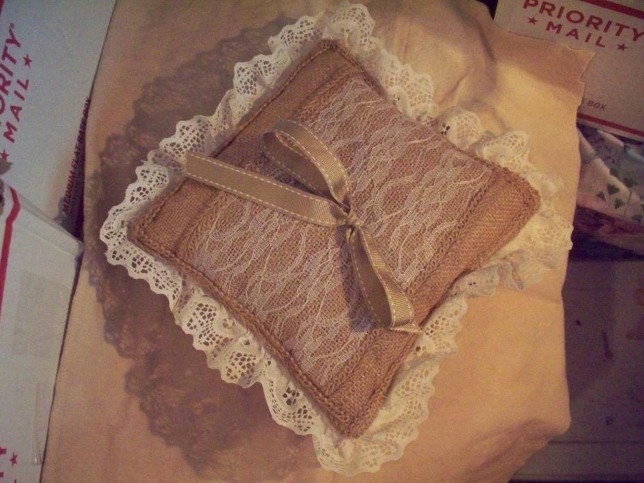 PILLOW, RING BEARER, BURLAP AND LACE, PRIMITIVE