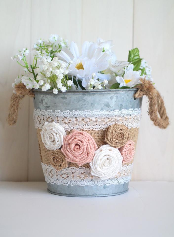 Flower Girl Rustic Bucket, Burlap Flower Girl Galvanized Basket