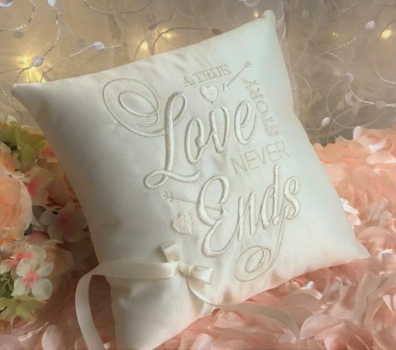 Handmade True Love Satin Wedding Ring Pillow White or Ivory Love Story Style NEW
