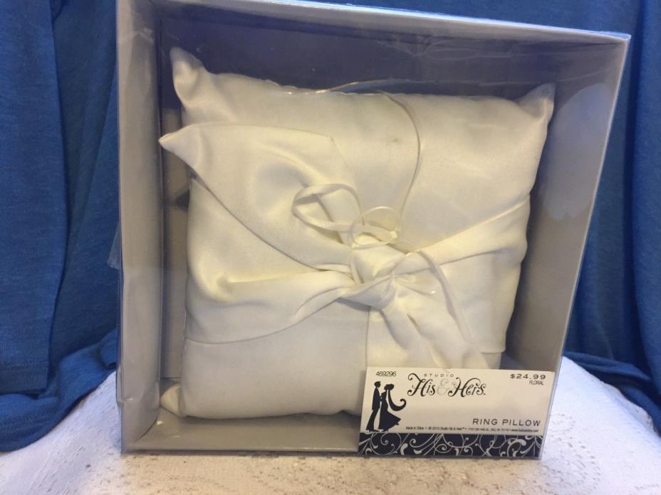 His And Hers Studio Ring Bearer White Ribbon Wedding Pillow