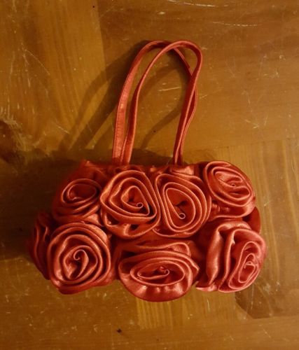 Girls red roses silky flower girl purse basket wedding party formal