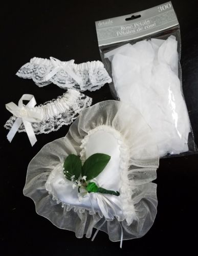 Ring Bearer Wedding Pillow white satin heart shape 2 Garters 300 Rose Petals lot