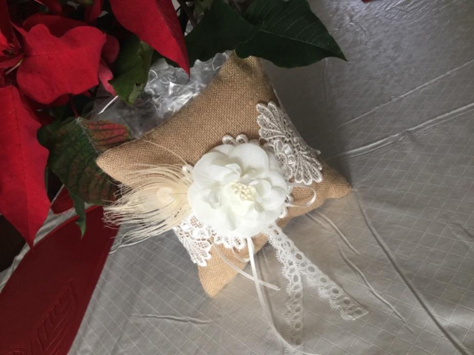 Burlap Ring Pillow Wedding Ring Bearer Lace Boy Aisle Ceremony Rustic Gift