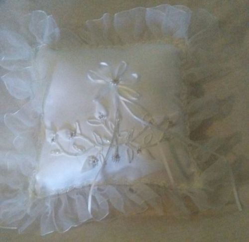 White Wedding Ring Bearer Pillow ~ RIBBON FLOWERS W/ FAUX PEARL/CRYSTAL ACCENTS