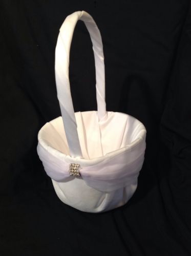 Satin Wedding Flower Girl Basket  Rhinestone Decor--White