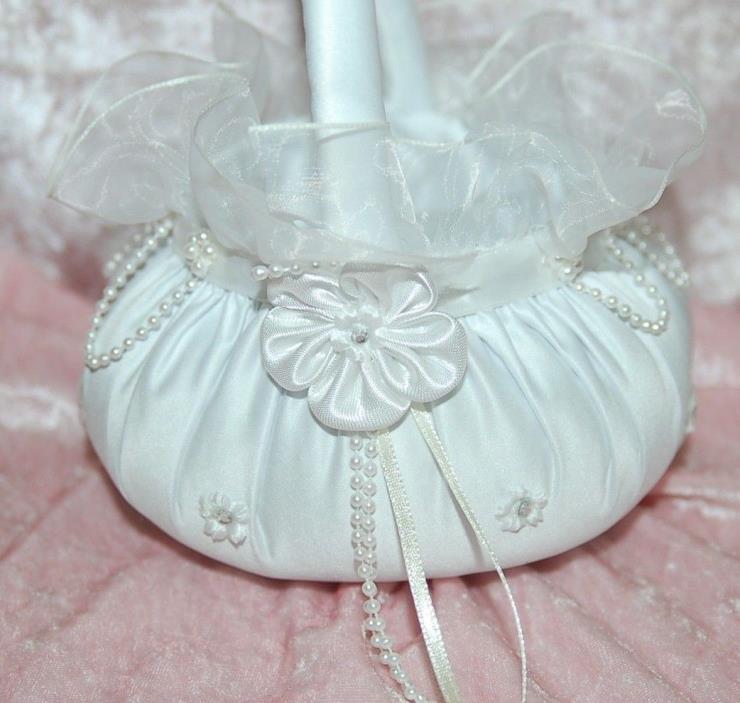 Wedding Flower Girl Basket White Satin Pearl Rhinestone Lace