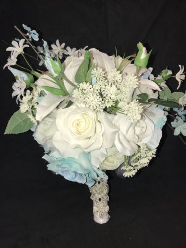 Tiffany Blue White Off White Roses Hydrangea  Floral Wedding Bridal Bouquet