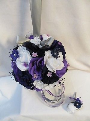 2 pc White Navy Purple Silver silk flower Bridal Kissing Ball Boutonniere