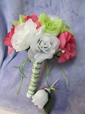 2 pc White Green Pink Rose brooch silk Flower Bridal Bouquet Boutonniere
