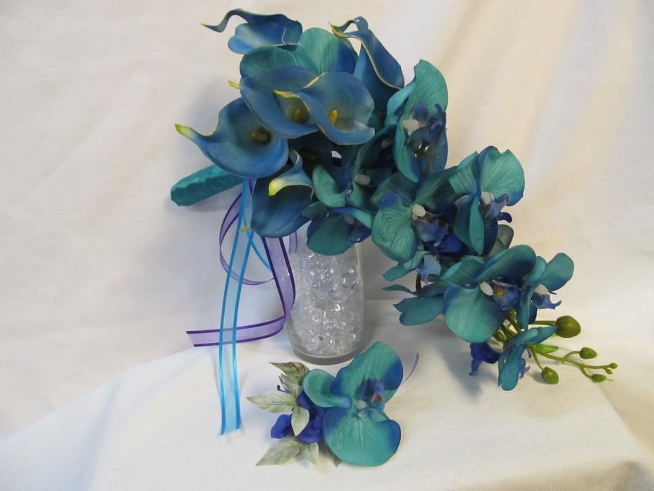 2 pc  Turquoise Blue Purple Green Orchid silk flower Bridal Bouquet Boutonniere