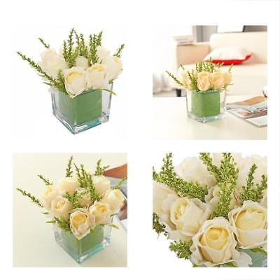 Artificial Flowers Ivory Roses In Square Glass Vase, Faux Arrangements