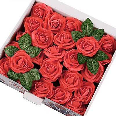 Febou Artificial Flowers, 50pcs Real Touch Artificial Foam Roses DIY for Wedding