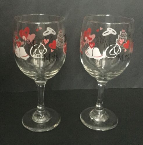 Mr. And Mrs. Wedding Wine Glasses Set Bells Hearts Flowers She Said Yes I Do