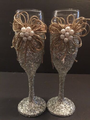 Rustic/ Country Wedding Party Reception Champagne Toasting Glasses Bride &Groom